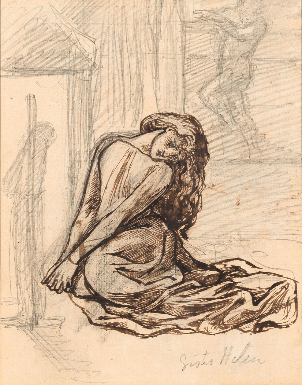 Irmã Helen, c.1870 (tinta grafite e castanha sobre papel montado a bordo) de Dante Gabriel Charles Rossetti