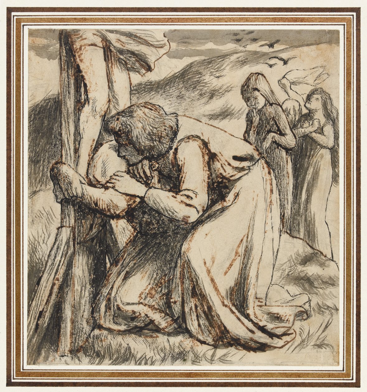 S. João consolando a Virgem aos pés da cruz, c.1857-58 (caneta, tinta da china e aguada sépia sobre papel) de Dante Gabriel Charles Rossetti