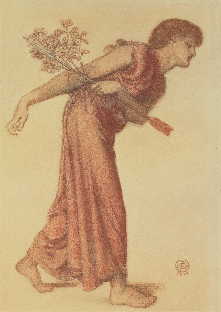 Estudo para a figura do amor em Dantes Dream na época da morte de Beatrice, 1874 (lápis preto e vermelho sobre papel verde) de Dante Gabriel Charles Rossetti