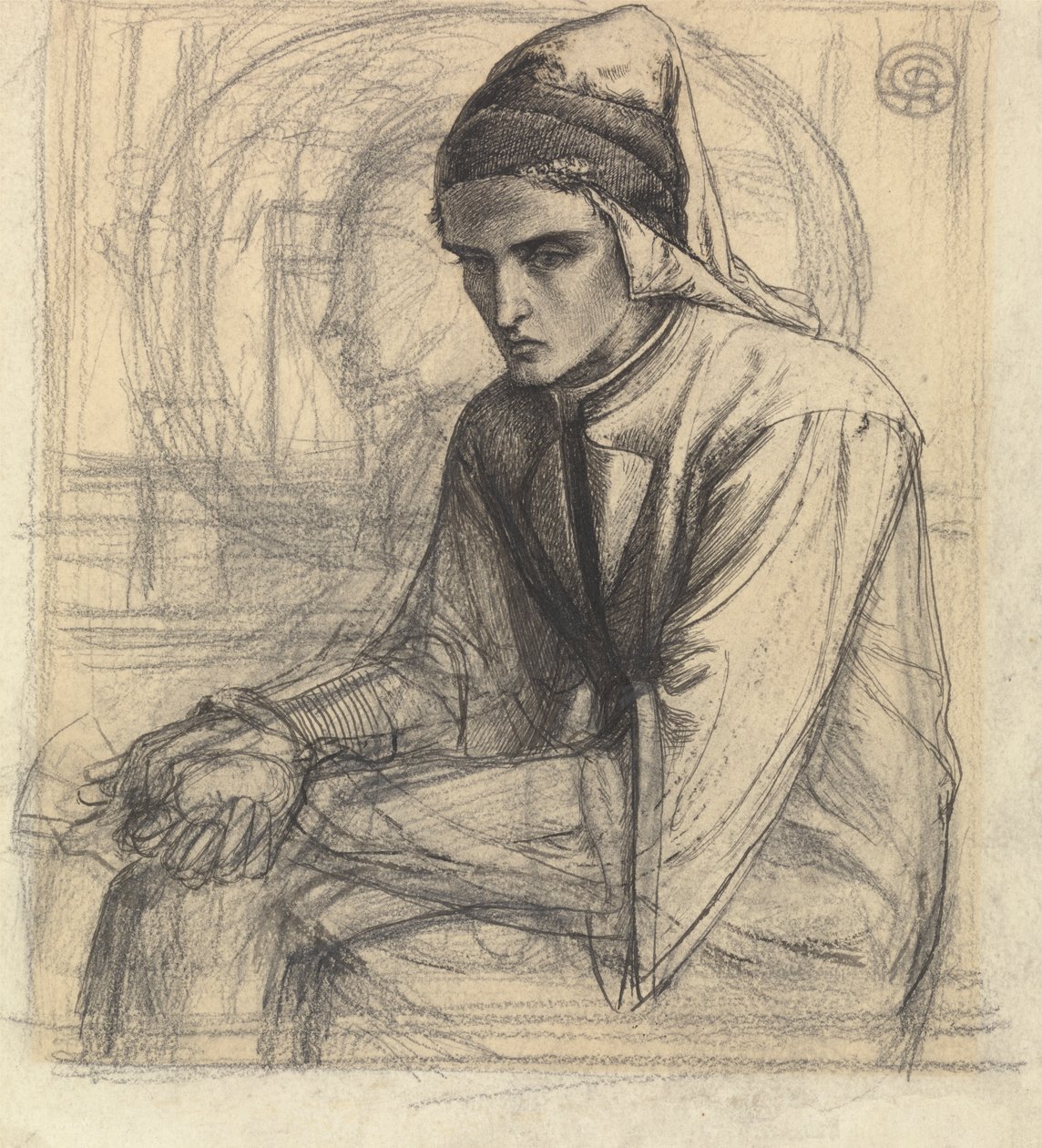 Dante em Meditação Detendo uma romã de Dante Gabriel Rossetti