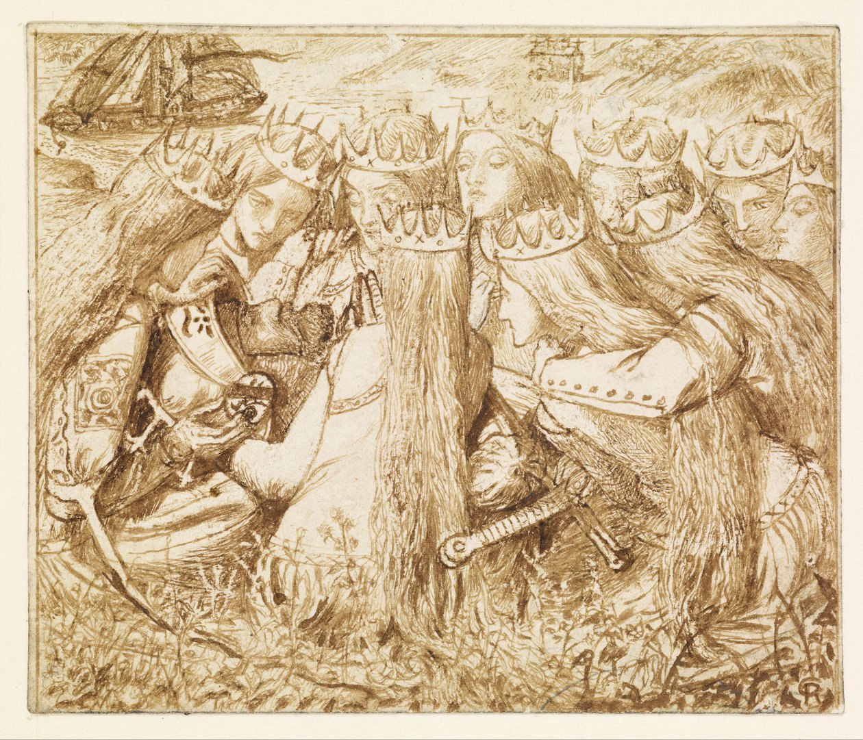 Design para «Tennyson» de Moxon — O Rei Artur e as Rainhas Chorosas de Dante Gabriel Rossetti