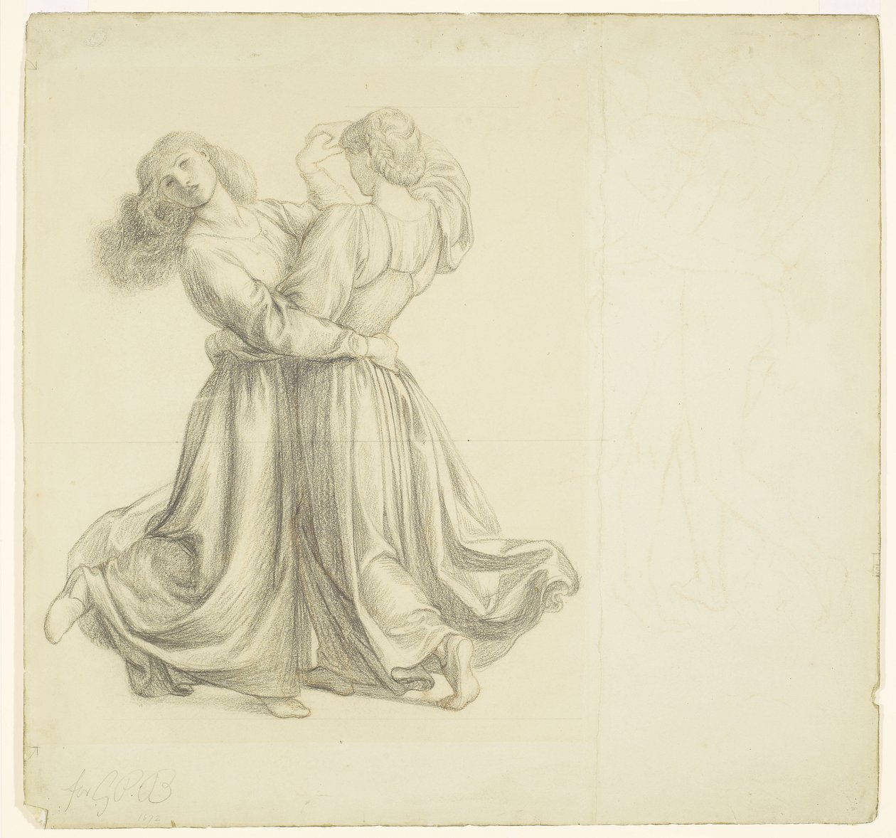 The Bower Meadow - Estudo de cortinados para a dança das duas raparigas de Dante Gabriel Rossetti