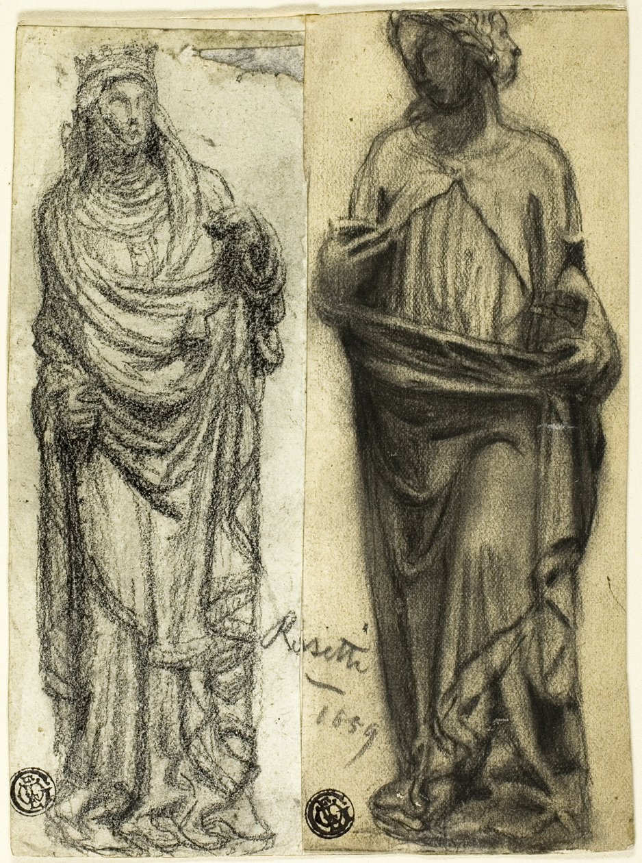Dois estudos de escultura medieval de Dante Gabriel Rossetti
