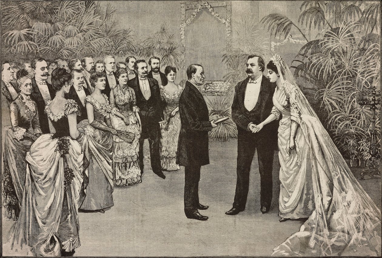 Casamento do presidente americano Grover Cleveland e de Frances Folsom, 2 de junho, Washington, Estados Unidos da América, desenho de Dante Paolocci, gravura de L