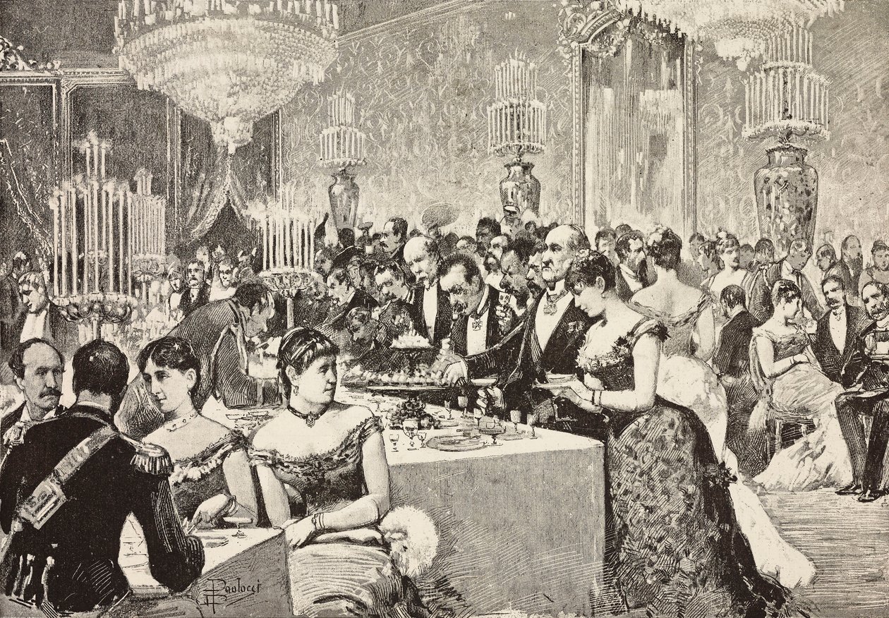 Sala de buffet, baile da corte no Quirinale, Roma, Itália, gravura a partir de desenho de Dante Paolocci, de L