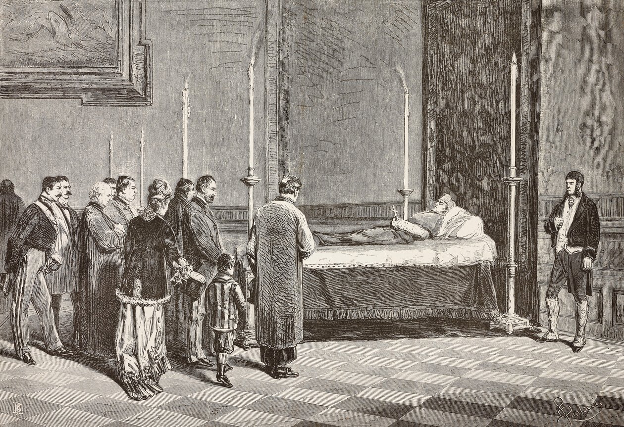 O corpo do Cardeal Giacomo Antonelli deitado numa das salas do Vaticano, gravura a partir de um desenho de Dante Paolocci de L