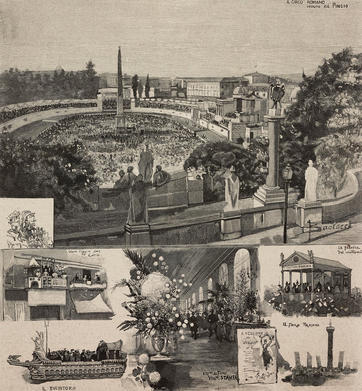 Festa de Carnaval na Piazza del Popolo vista da colina Pincio, Roma, Itália, gravura após desenho de Dante Paolocci, de L