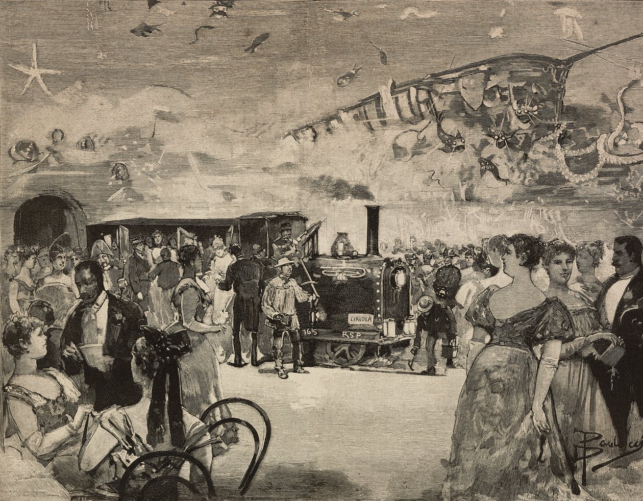 Festa de Carnaval no Clube Artístico Internacional (Circolo Artistico) de Roma, Itália, gravura após desenho de Dante Paolocci, de L