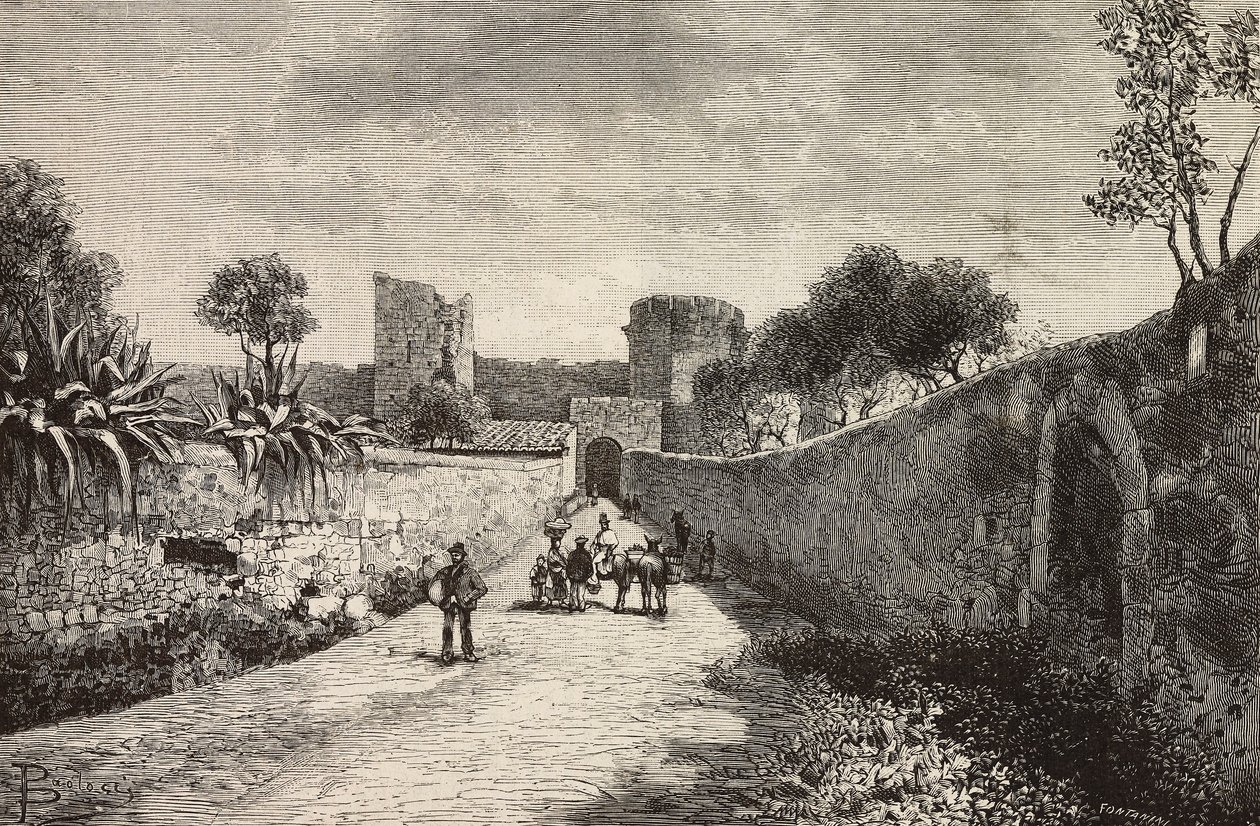 Porta de Castello, Corneto Tarquinia, Itália, gravura a partir de desenho de Dante Paolocci, de L