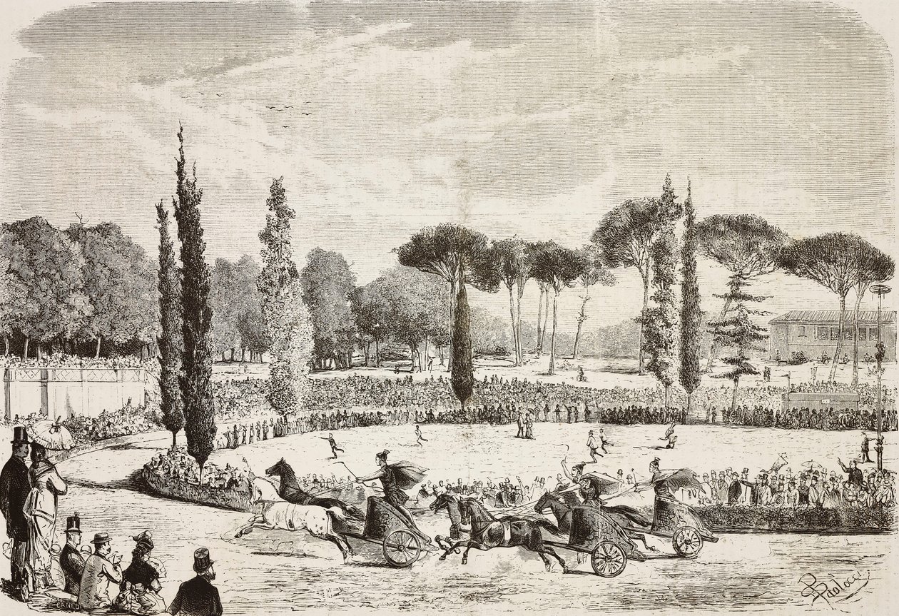 Corridas de bigas na Villa Borghese, Roma, Itália, gravura a partir de desenho de Dante Paolocci, de L