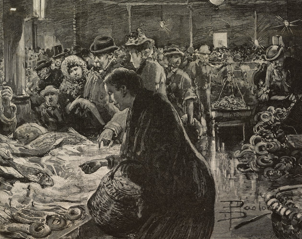 Mercado de Natal em Roma, Itália, gravura após desenho de Dante Paolocci, de L