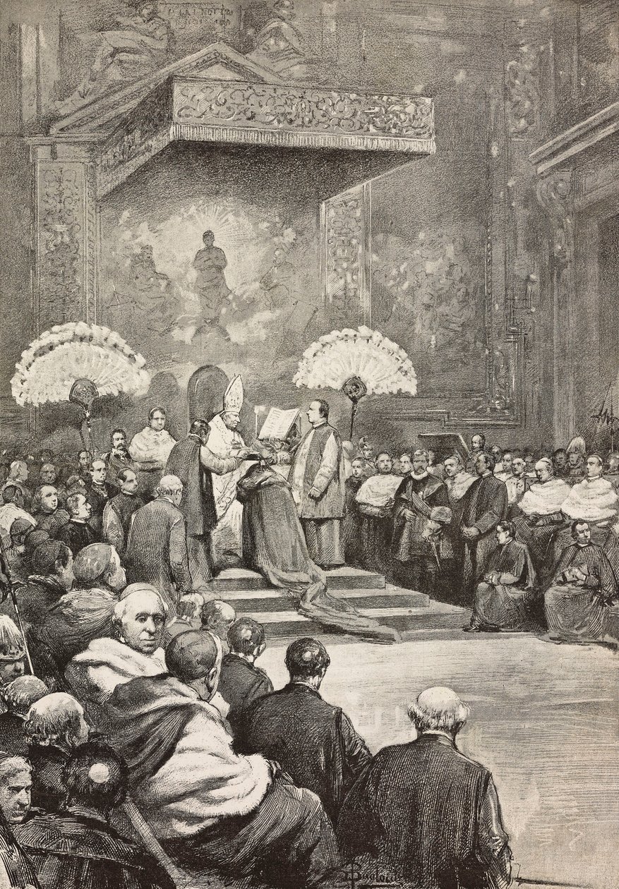 Consistório de 13 de novembro, Papa Leão XIII, onde criou novos cardeais, Vaticano, gravura a partir de desenho de Dante Paolocci, de L