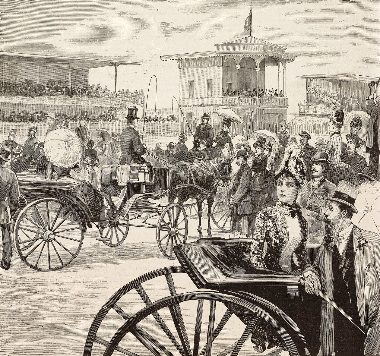 Homens e mulheres elegantes assistem a uma corrida de cavalos no hipódromo, Roma, Itália, gravura a partir de um desenho de Dante Paolocci, de L
