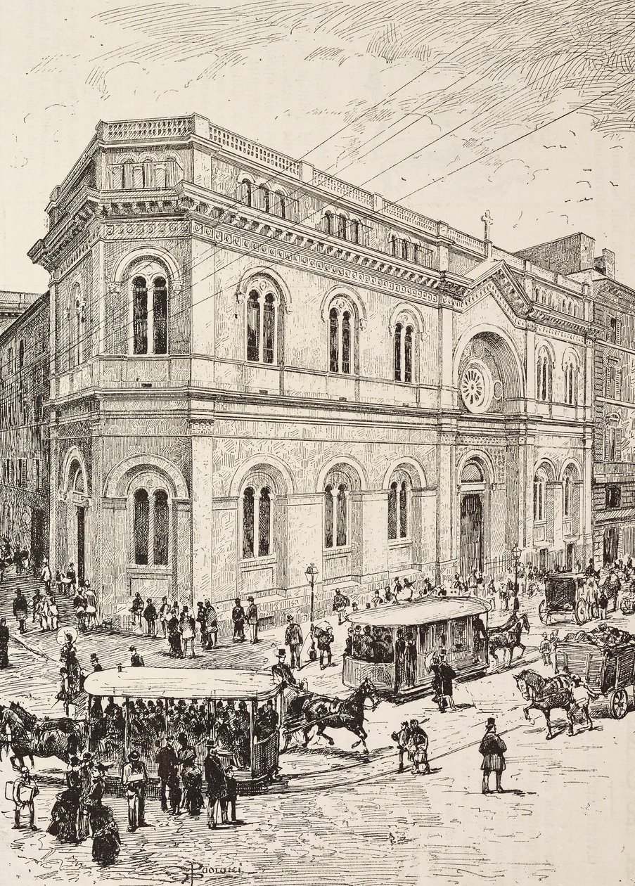 Igreja evangélica na Via Nazionale, Roma, Itália, gravura a partir de desenho de Dante Paolocci, de L