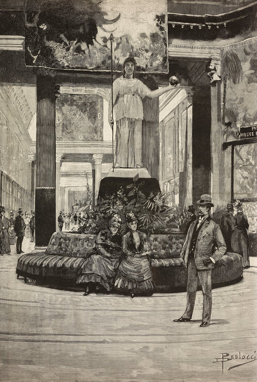 Exposição de tecidos e rendas, Galeria Rotonda e Tecidos, Roma, Itália, gravura a partir de desenho de Dante Paolocci, de L