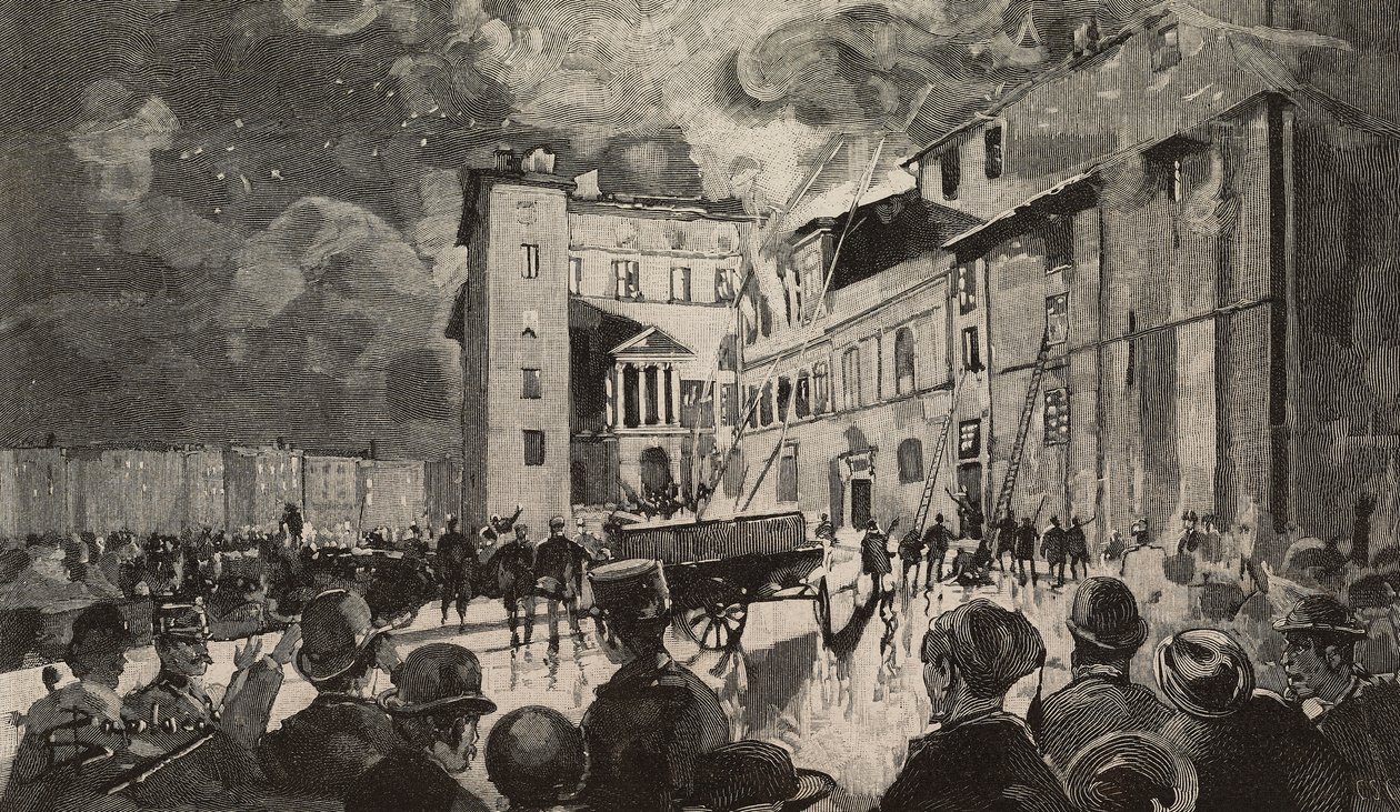 Incêndio das escolas israelitas de 1893, Roma, Itália, gravura após desenho de Dante Paolocci, de L