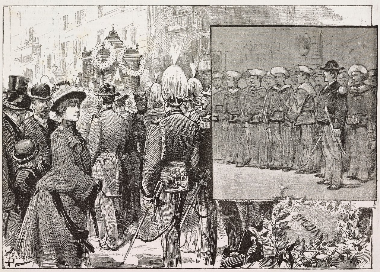 Funeral do Almirante Luigi Buglione di Monale (1821-1884), Roma, Itália, gravura a partir de desenho de Dante Paolocci, de L