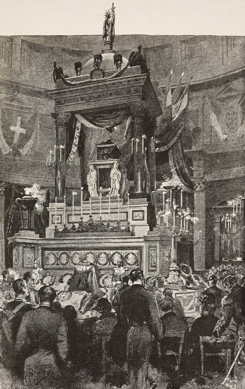 Políticos e oficiais italianos na cerimónia fúnebre de Victor Emmanuel II (1820-1878), Rei de Itália, Roma, Itália, gravura a partir de desenho de Dante Paolocci, de L