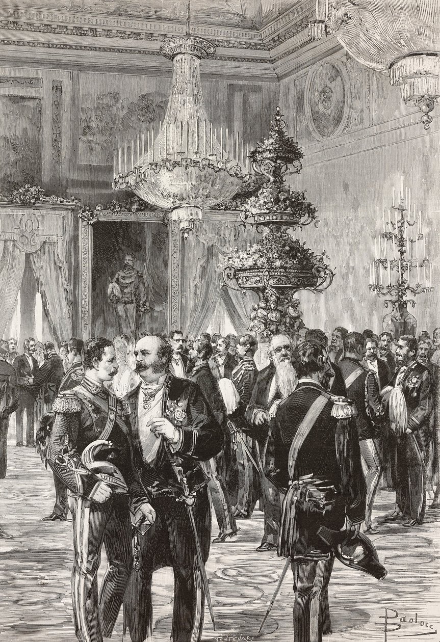 Políticos e oficiais italianos celebrando a véspera de Ano Novo no Palácio do Quirinal, Roma, Itália, gravura de Centenari a partir de desenho de Dante Paolocci, de L