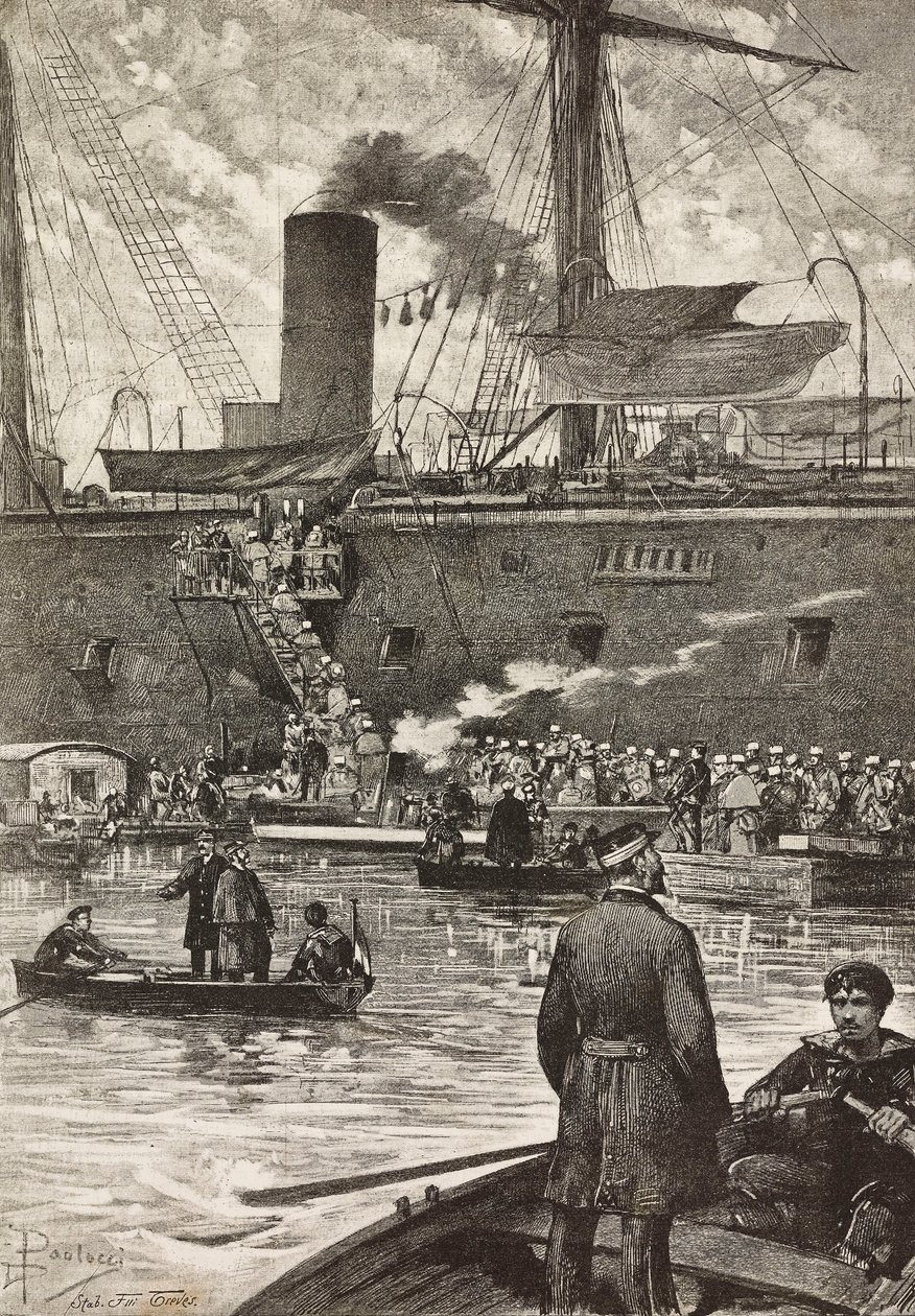 Soldados italianos a bordo do navio de guerra Principe Amedeo, expedição italiana no Mar Vermelho, Nápoles, Itália, gravura a partir de desenho de Dante Paolocci, de L
