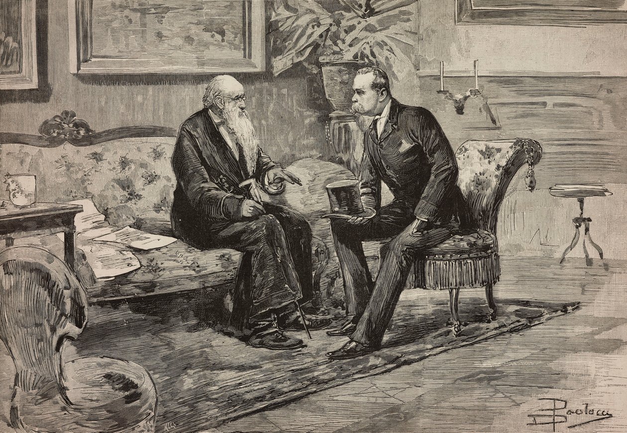 Rei Umberto I de Saboia (1844-1900) e Presidente do Conselho Agostino de Pretis (1813-1887), gravura a partir de desenho de Dante Paolocci, de L