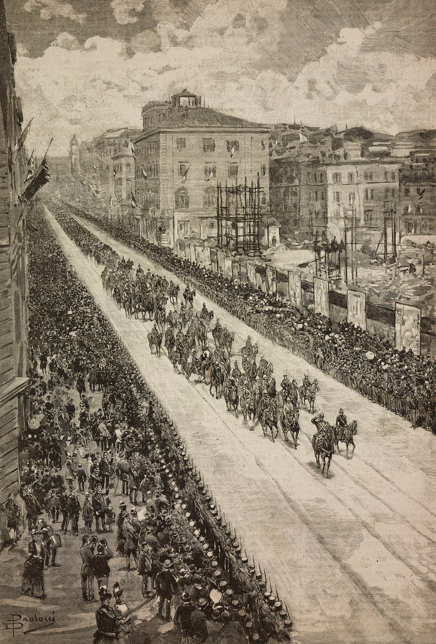 Rei regressando ao Quirinal após a inauguração do monumento Dogali, Roma, Itália, gravura a partir de desenho de Dante Paolocci, de L