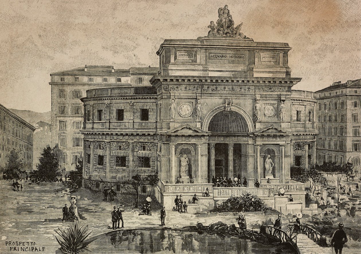 Grande aquário na Piazza Manfredo Fanti inaugurado a 29 de janeiro, Roma, Itália, gravura de G Gamberoni a partir de desenho de Dante Paolocci, de L