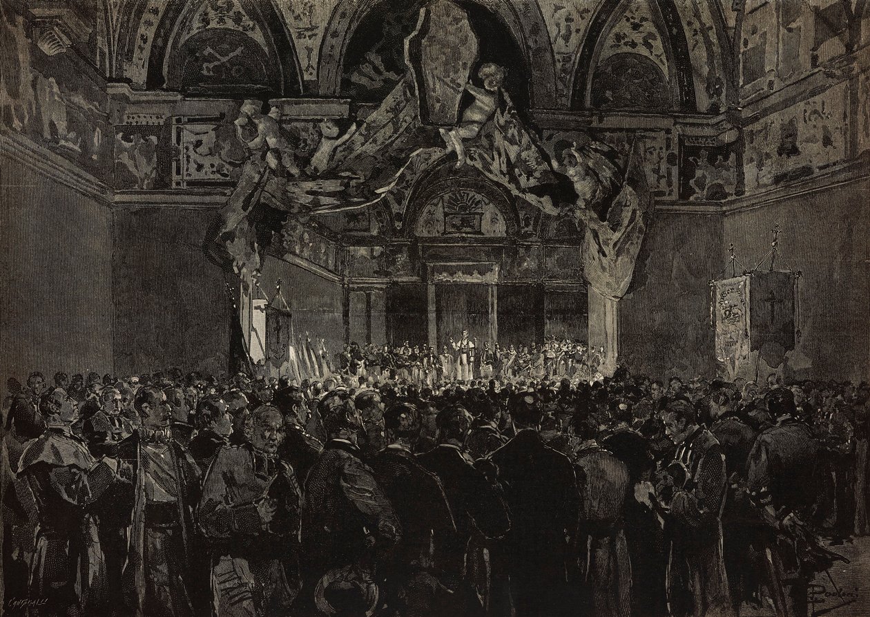Leão XIII recebe peregrinos franceses na Sala Ducal, Jubileu Papal, Vaticano, gravura a partir de desenho de Dante Paolocci, de L