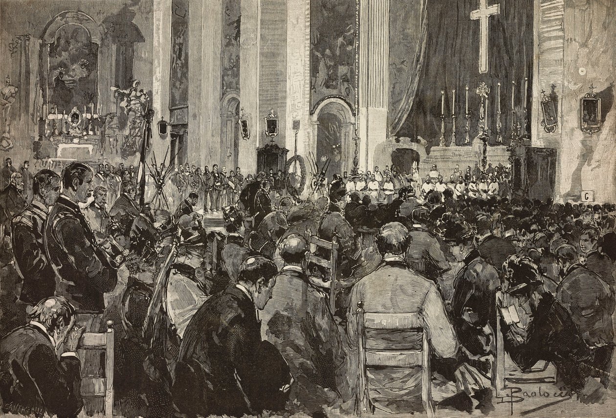 Exéquias dos mortos em Dogali na igreja de Sant Andrea della Valle, Roma, gravura a partir de desenho de Dante Paolocci, de L
