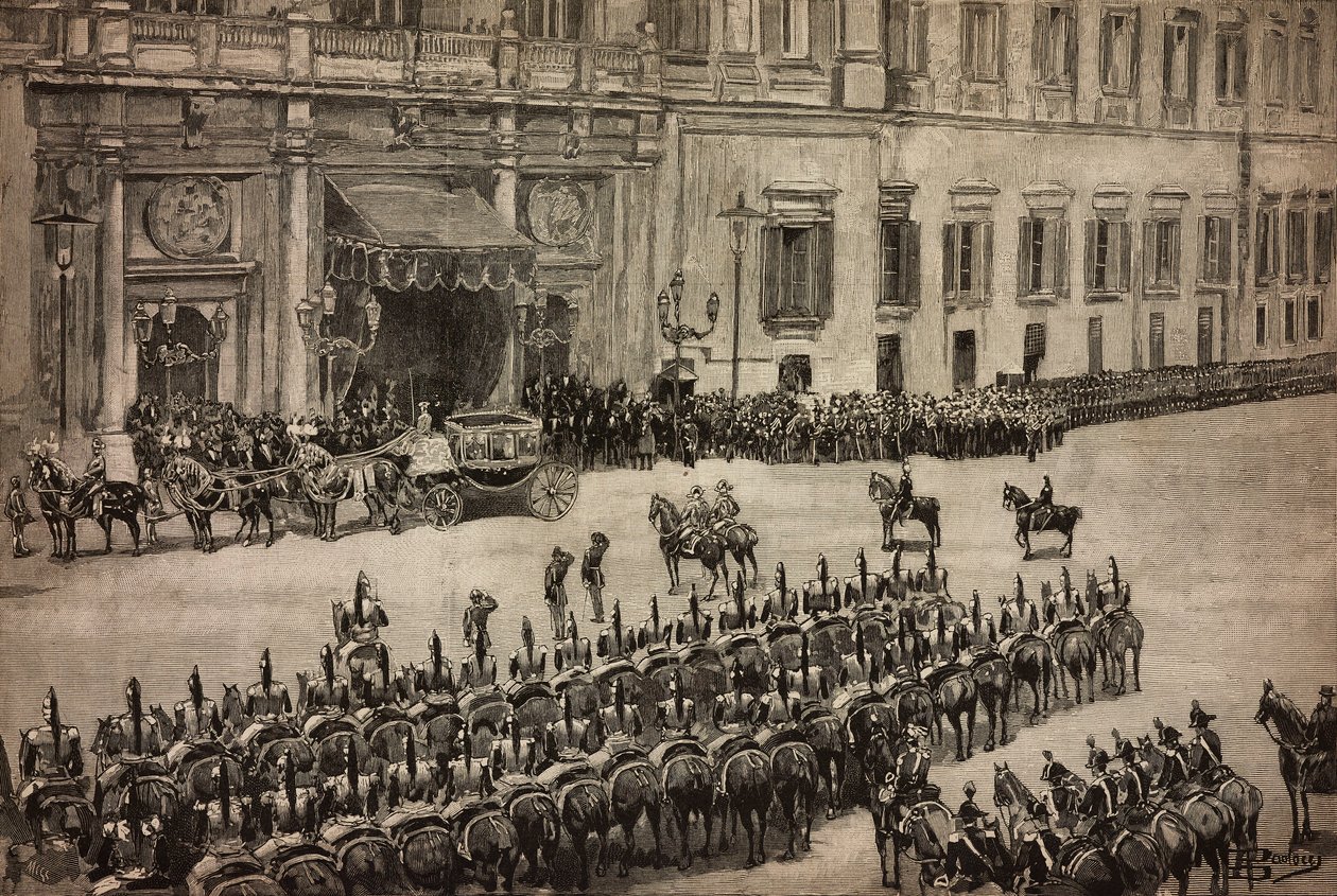 Abertura do Parlamento, chegada do Rei Umberto I a Montecitorio, Roma, Itália, gravura a partir de desenho de Dante Paolocci, L