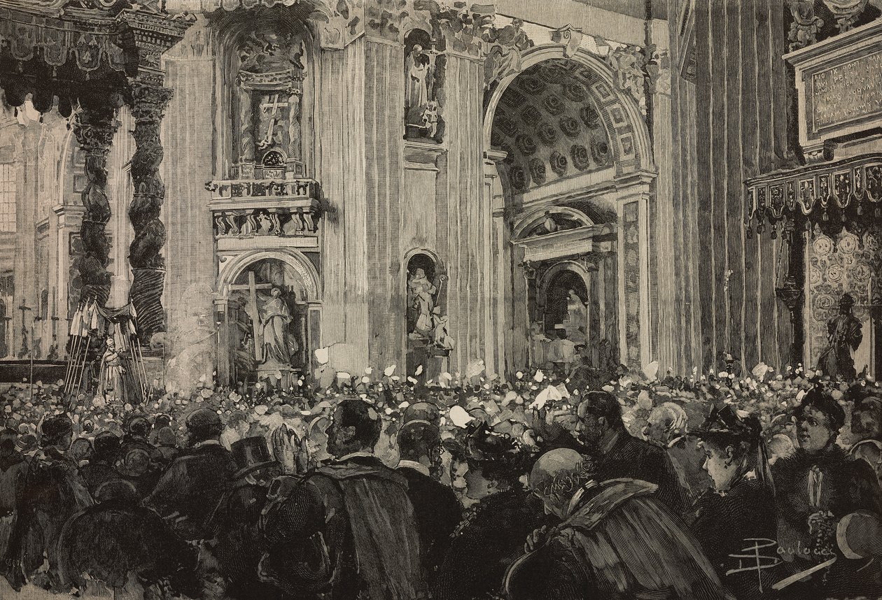 Bênção papal por ocasião do Jubileu Episcopal de Leão XIII, Basílica de São Pedro, Vaticano, gravura após desenho de Dante Paolocci, de L
