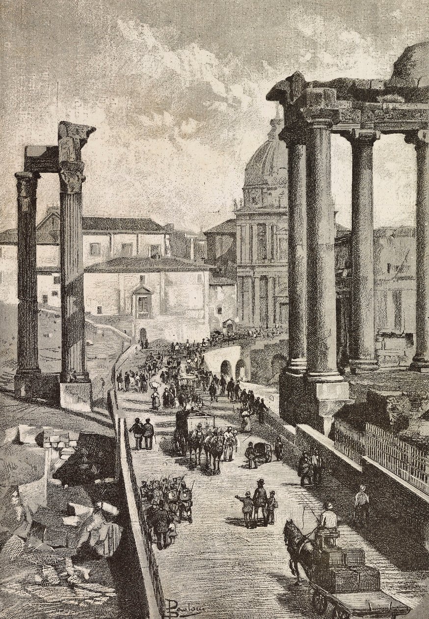 Passagem pelo Fórum, Roma, Itália, gravura a partir de desenho de Dante Paolocci, de L
