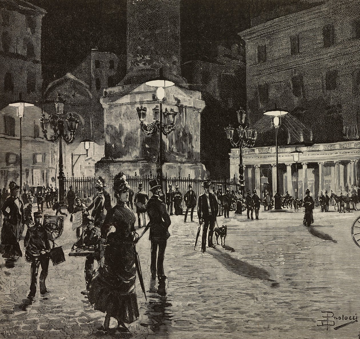 Piazza Colonna iluminada com luz eléctrica, Roma, Itália, desenho de Dante Paolocci, gravura de L