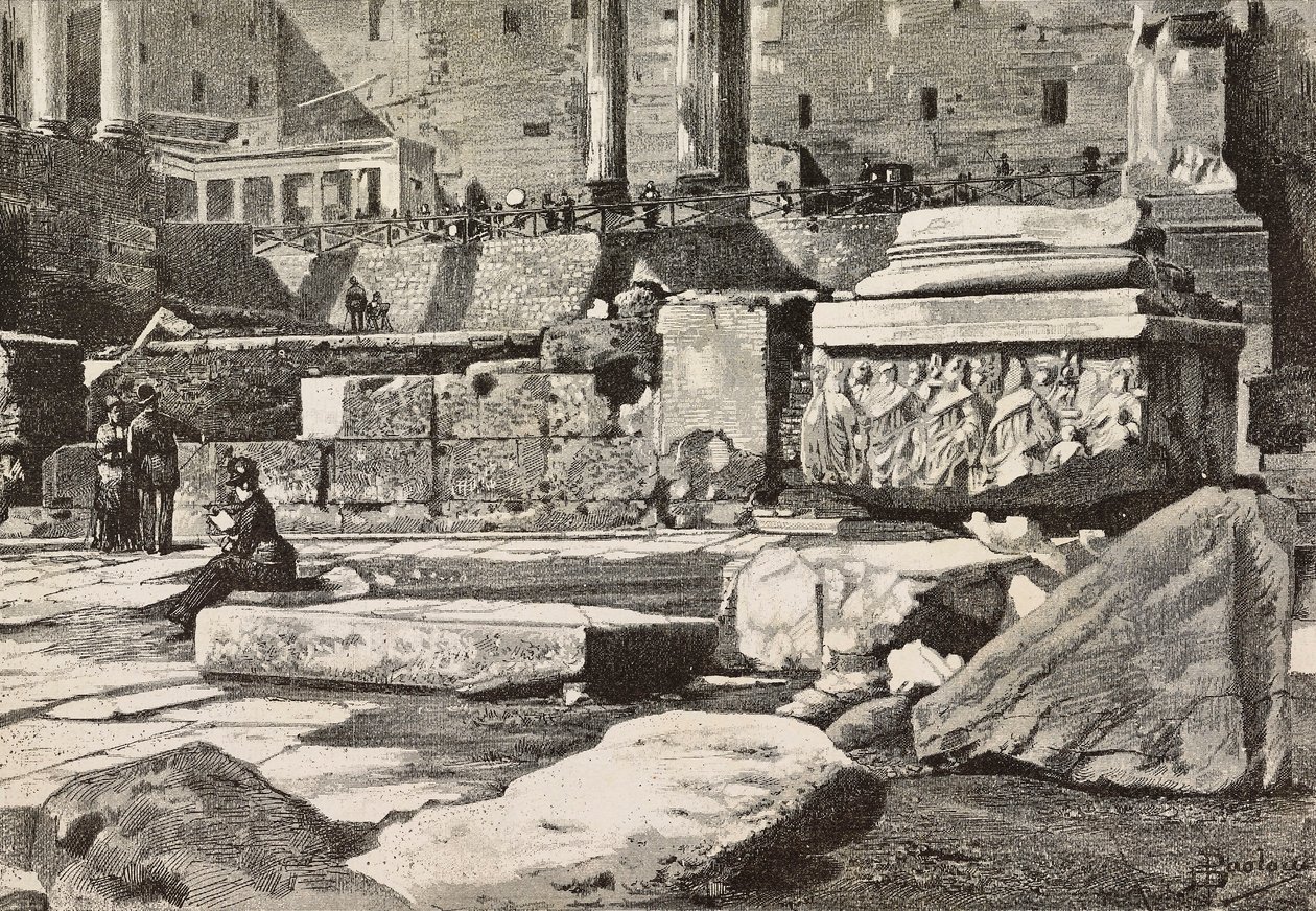 Plataformas no Fórum Romano, Roma, Itália, gravura a partir de desenho de Dante Paolocci, de L