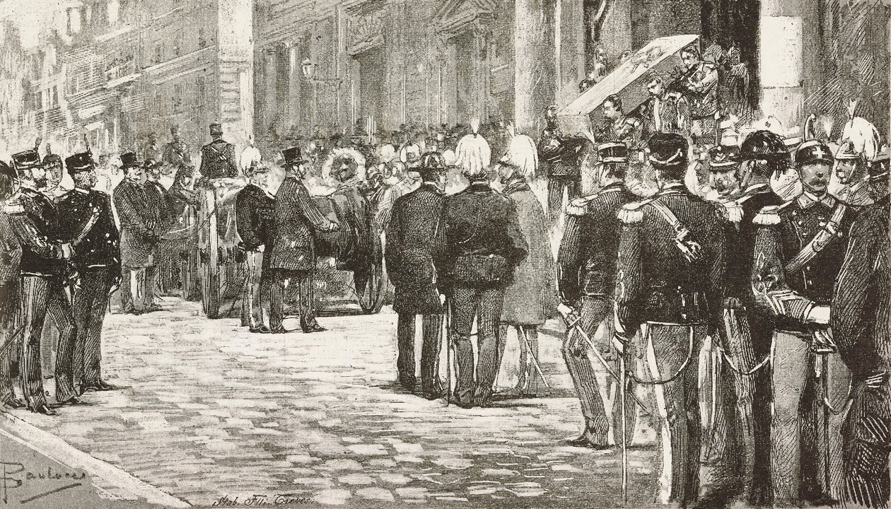 Políticos e oficiais no cortejo fúnebre de Luigi Mezzacapo (1814-1885), político e oficial italiano, Roma, Itália, gravura a partir de desenho de Dante Paolocci, de L