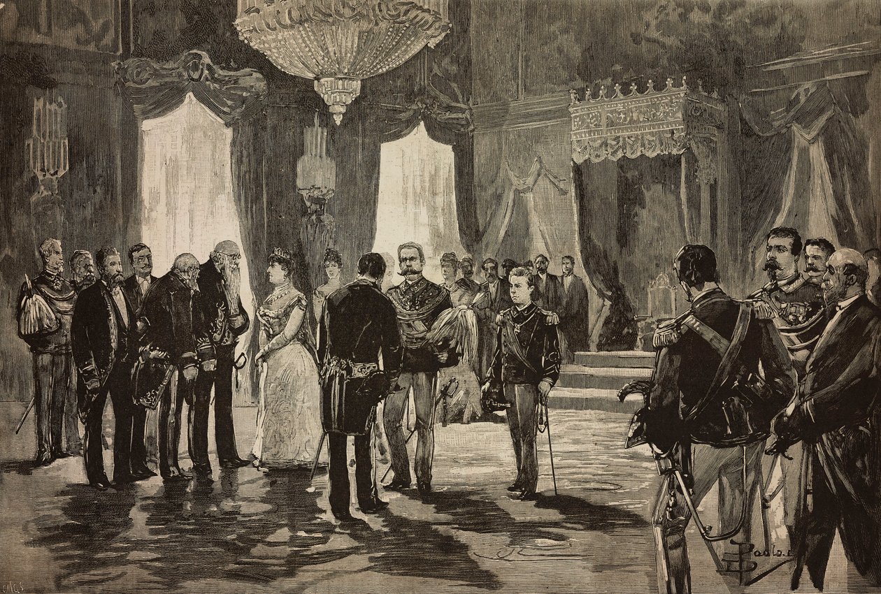 Príncipe de Nápoles, Alfonso Maria Giuseppe Alberto de Bourbon-Duas Sicílias, em uniforme de subtenente, na receção de Ano Novo em Quirinal, Itália, gravura a partir de desenho de Dante Paolocci, de L