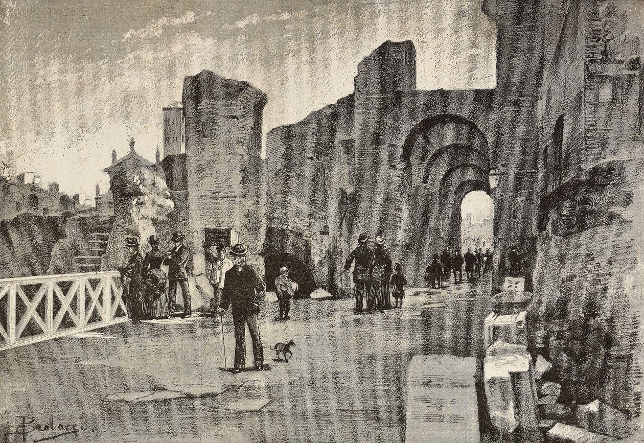 Passeio público (Summa Nova Via) no Palazzo dei Cesari, Roma, Itália, gravura a partir de desenho de Dante Paolocci, de L