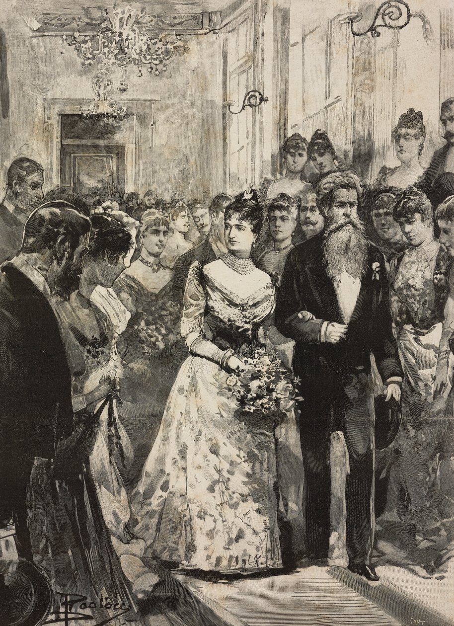 A rainha Margherita de Saboia na festa do Clube Artístico (Circolo Artistico) de Roma, acompanhada pelo escultor Giulio Monteverde, Itália, gravura após desenho de Dante Paolocci, de L