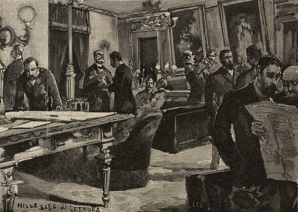 Sala de leitura no Palazzo Montecitorio, Roma, Itália, gravura após desenho de Dante Paolocci, de L