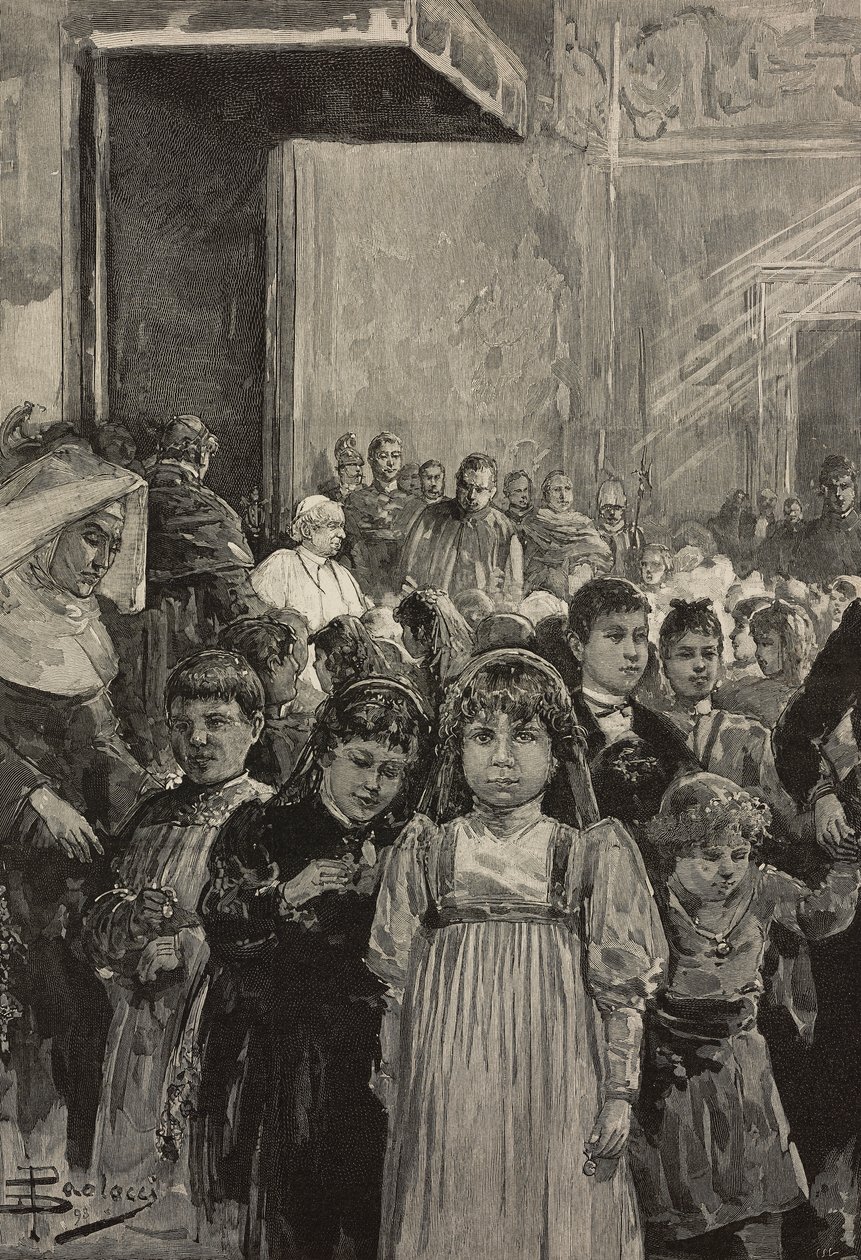 Receção de crianças nas celebrações do jubileu do Papa Leão XIII, Vaticano, gravura após desenho de Dante Paolocci, de L
