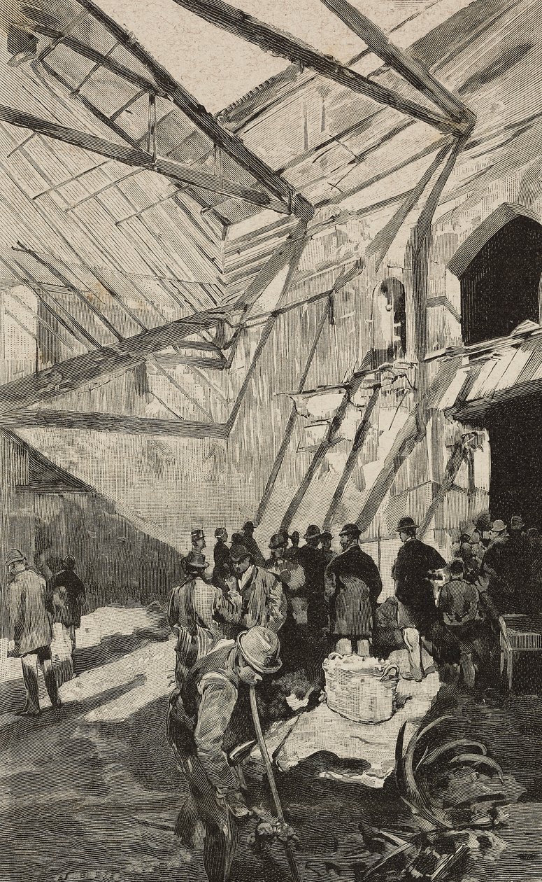 Restos do Teatro Israelita após o incêndio de 1893, Roma, Itália, gravura após desenho de Dante Paolocci, de L