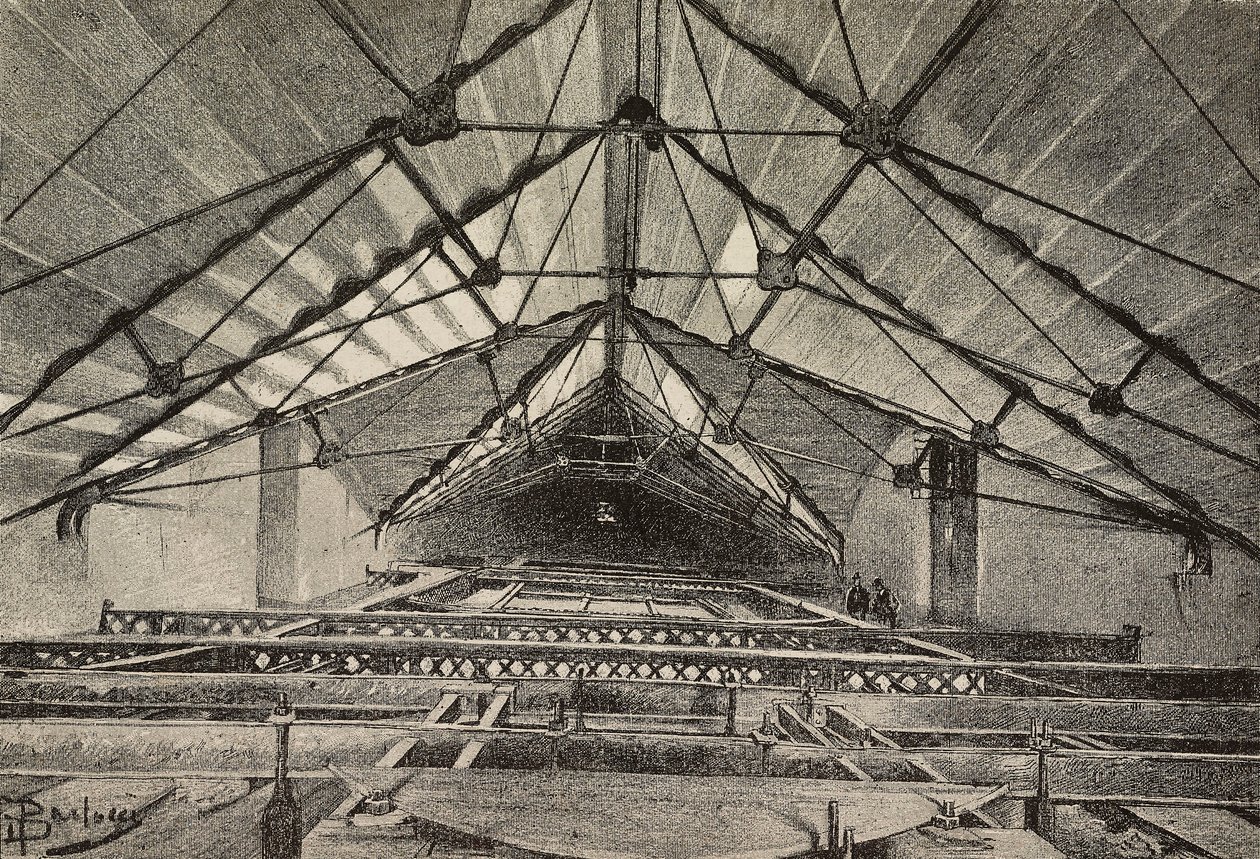 Telhado e treliça metálica de suporte do teto, novo braço da Arquibasílica de São João de Latrão, Roma, Itália, desenho de Dante Paolocci, gravura de L
