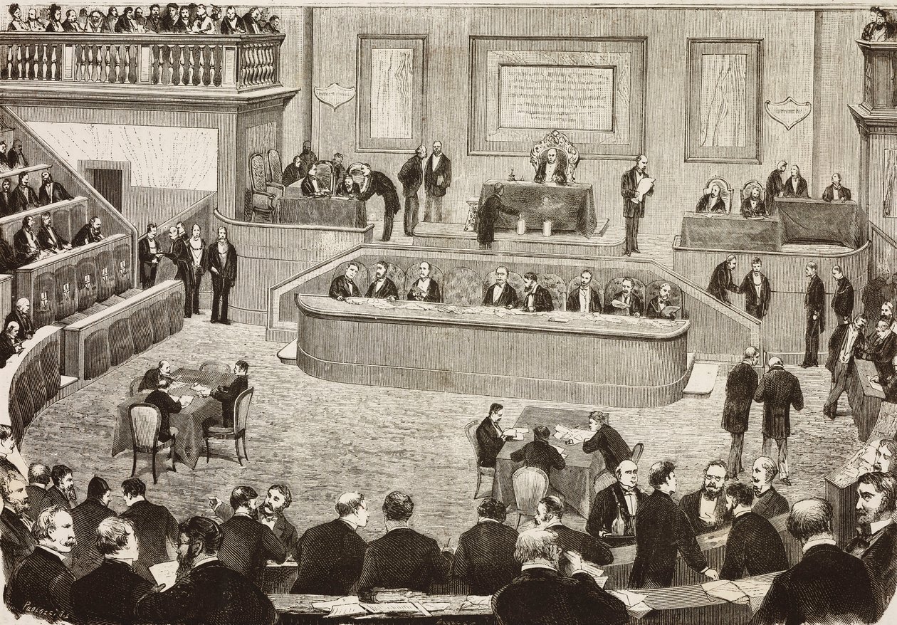 Sessão de 26 de julho do Senado italiano, Roma, Itália, gravura a partir de um desenho de Dante Paolocci, L