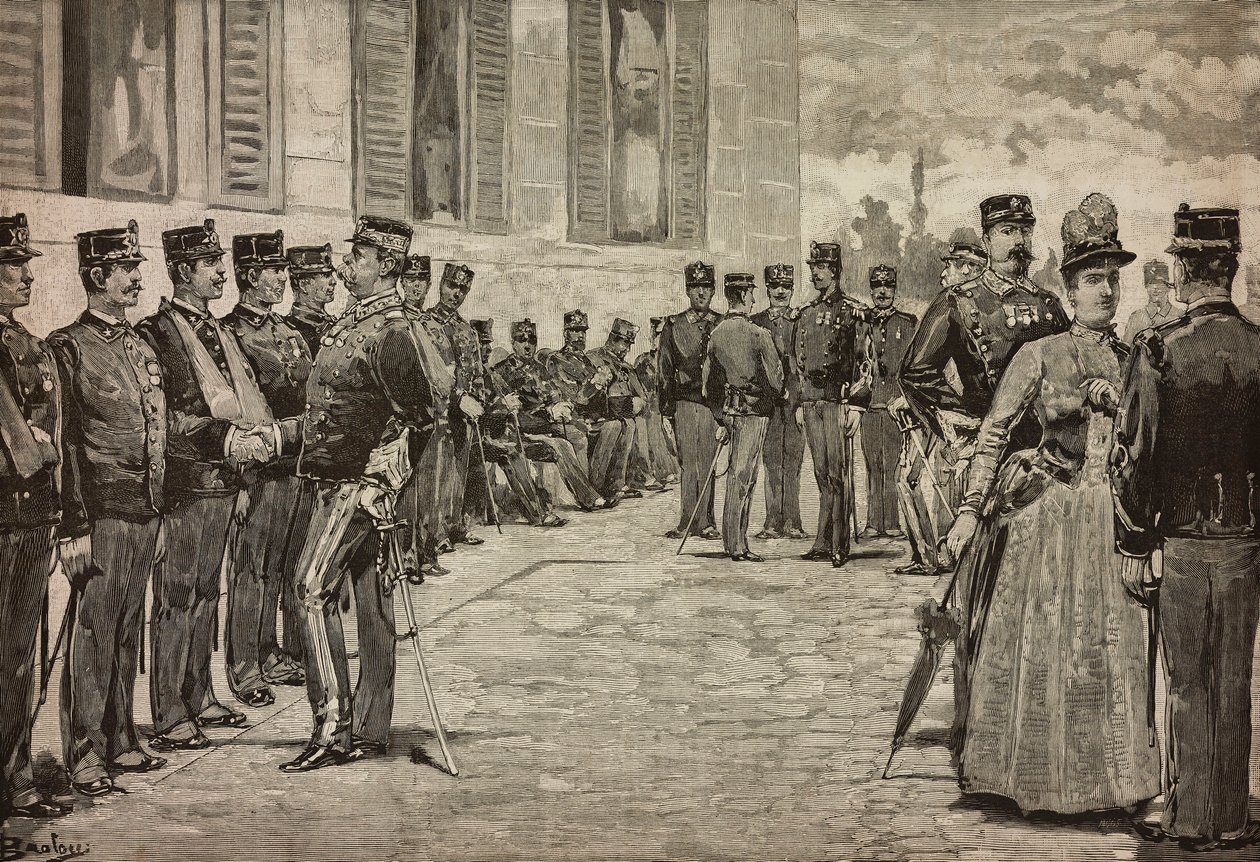 Sobreviventes de Dogali, guerra da Eritreia, recebidos pelos soberanos no jardim do Quirinal, Roma, Itália, por Dante Paolocci, L