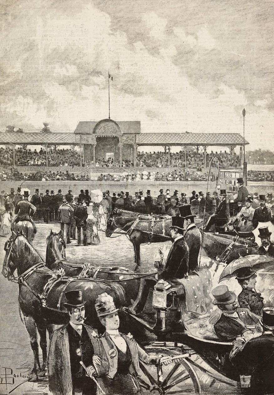 A tribuna, corrida de cavalos em Turim, Itália, gravura a partir de desenho de Dante Paolocci, de L
