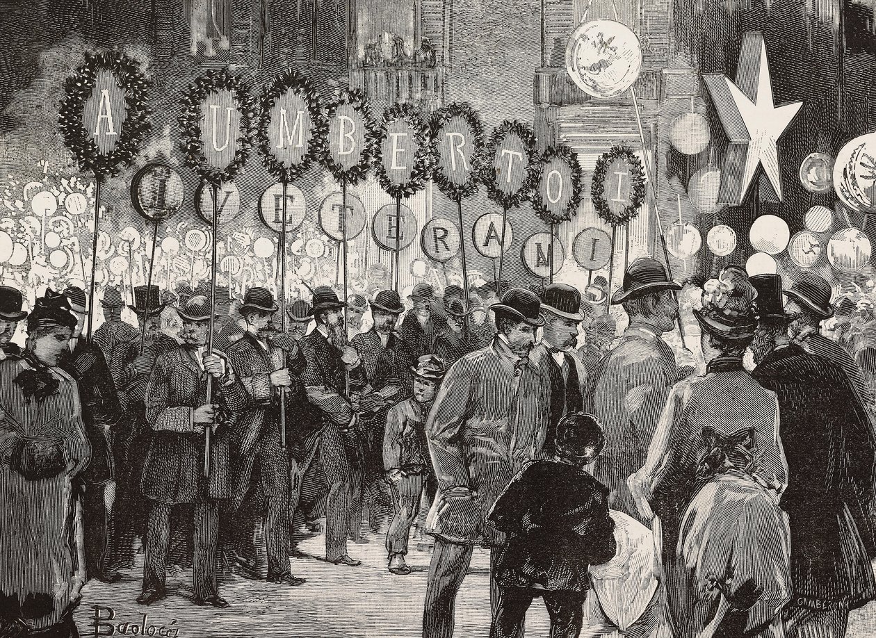 Acendimento de tochas em honra do Rei Umberto I na noite de 1 de dezembro, Roma, Itália, gravura a partir de desenho de Dante Paolocci, de L