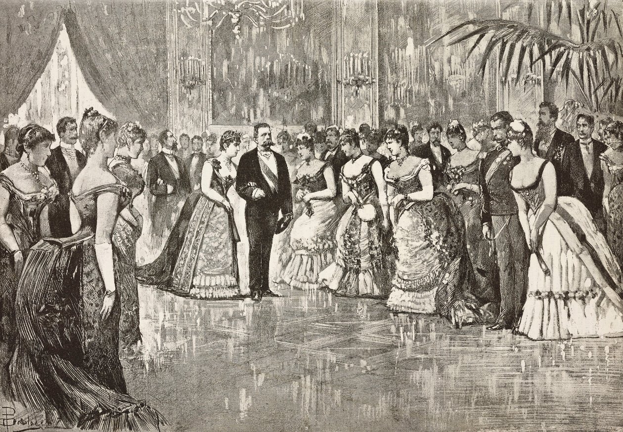 Umberto I (1844-1900), rei de Itália, e a sua mulher Margherita de Saboia (1851-1926) num baile no Palácio do Quirinal, Roma, Itália, gravura a partir de um desenho de Dante Paolocci, de L