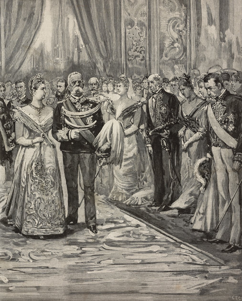 Umberto I e Margherita de Saboia num concerto por ocasião das suas bodas de prata, Palazzo del Quirinale, Roma, Itália, gravura após desenho de Dante Paolocci, de L
