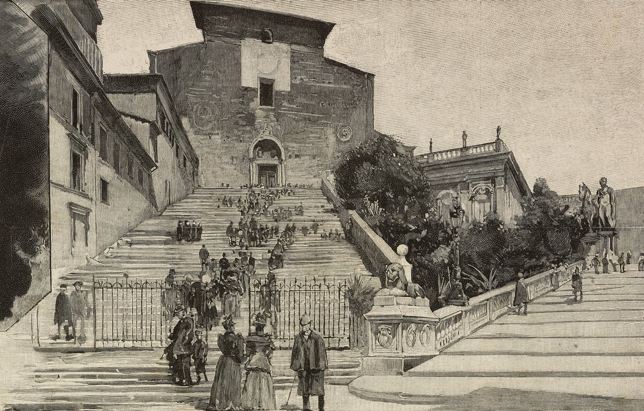 Vista da Basílica de Santa Maria in Aracoeli, Roma, Itália, gravura após desenho de Dante Paolocci, de L