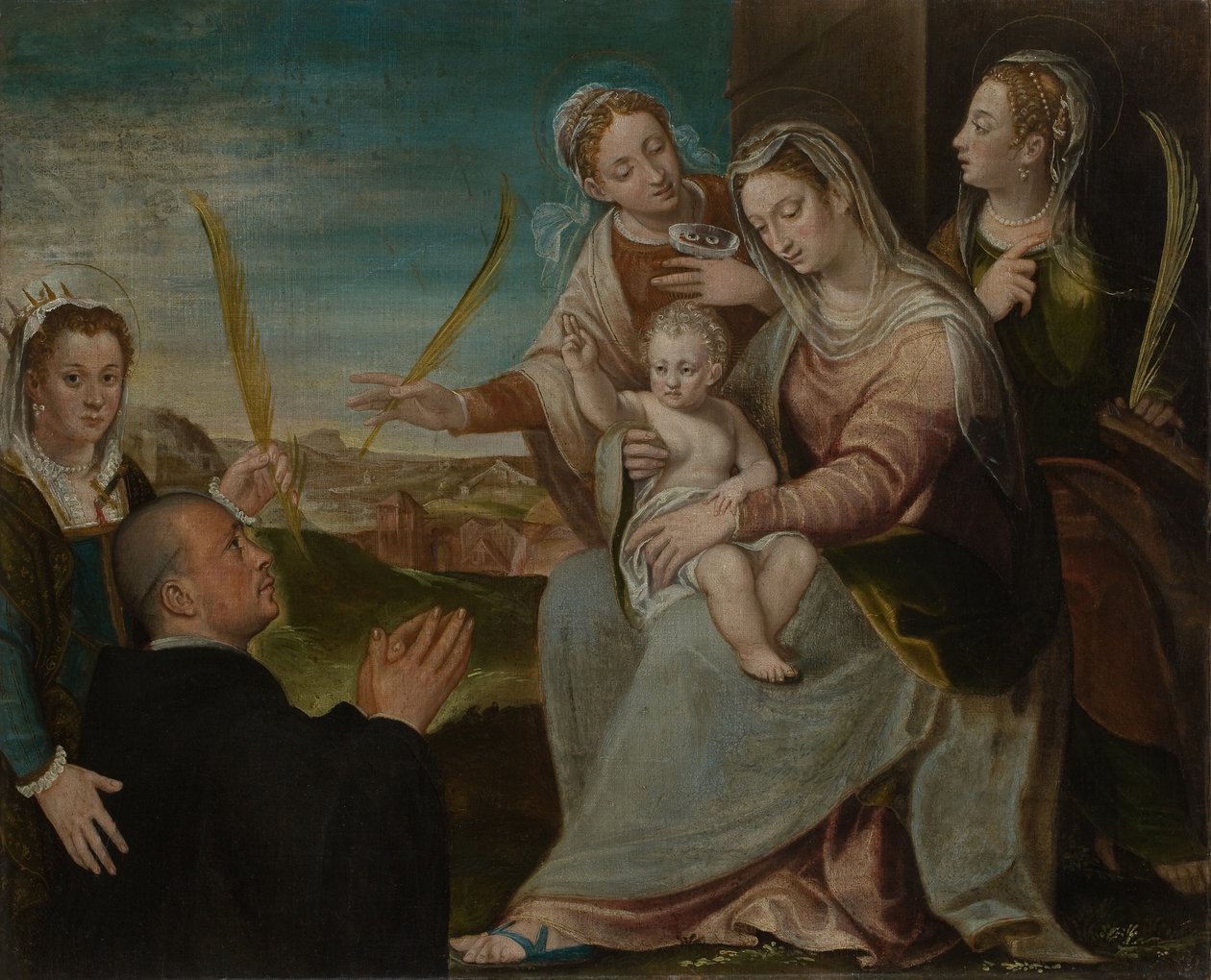 Virgem e criança com Sants Catherine, Lucy, Justina de Pádua e um monge beneditino de Dario Varotari the Elder